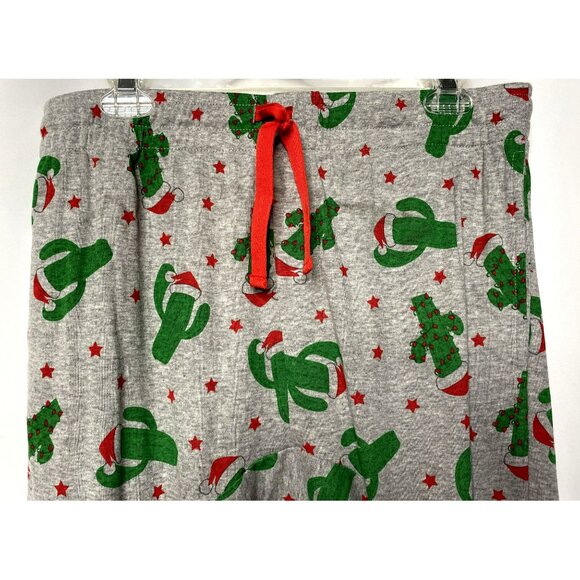 Womens Christmas Pajama Bottoms Gray Sz M Drawstring Waist Cactus Santa Hat NEW - Picture 2 of 4